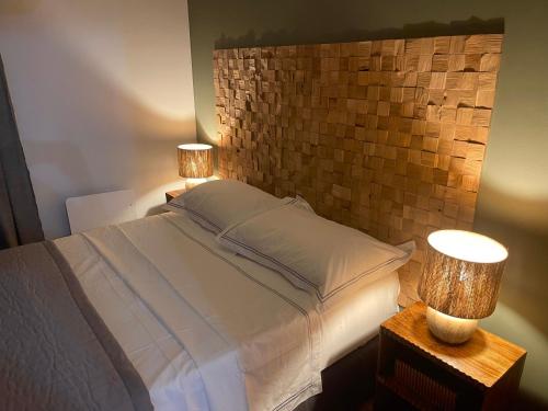 a bedroom with a bed and two lamps on tables at Les Colonnes d'Andrea in Nevers