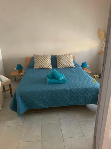 a bedroom with a bed with a blue comforter at Casita Flamingo in Deltebre