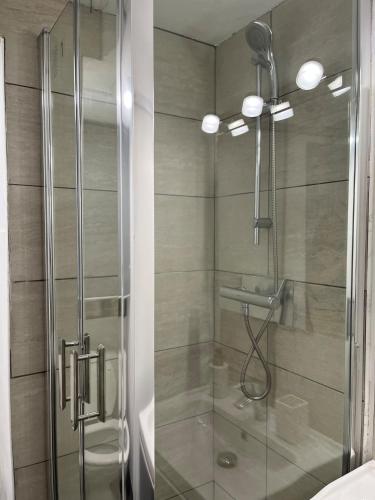 une douche avec une porte vitrée dans une salle de bain dans l'établissement Charming 1-bedroom Cours Sextius, à Aix-en-Provence