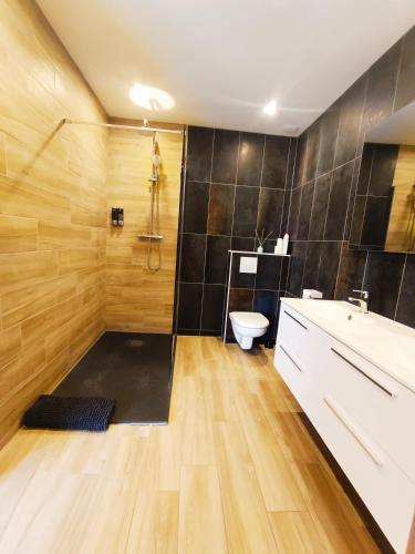 une salle de bain avec une douche, des toilettes et un lavabo dans l'établissement Oasis romantique - Sauna, à Peyruis