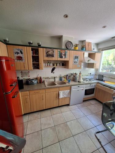 - une cuisine avec des placards en bois et un réfrigérateur rouge dans l'établissement MARCHE DE Noel STRASBOURG, à Illkirch-Graffenstaden