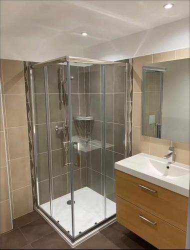 une salle de bain avec douche et lavabo dans l'établissement DOMAINE LOU BEL AZUR - Paisible, à Saint-Laurent-du-Var