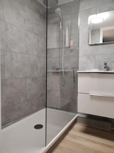 une douche avec une porte vitrée dans une salle de bain dans l'établissement Studio 2 pers avec terrasse centre historique, à La Rochelle
