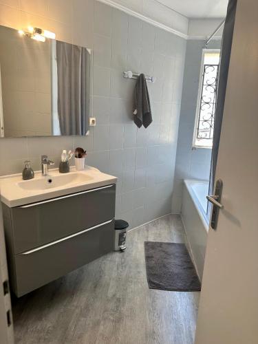 une salle de bain avec un lavabo, un miroir et une baignoire dans l'établissement 3 pièces calme 5 mn Port, à Nice