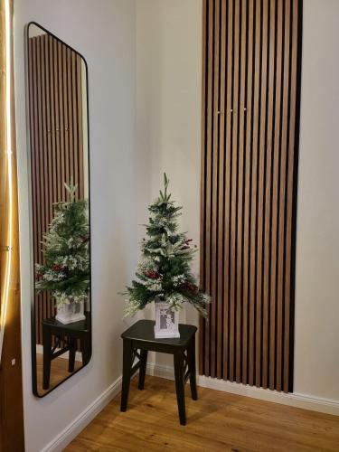 a mirror and a table with two christmas trees on it at Kant 99 XL in Berlin