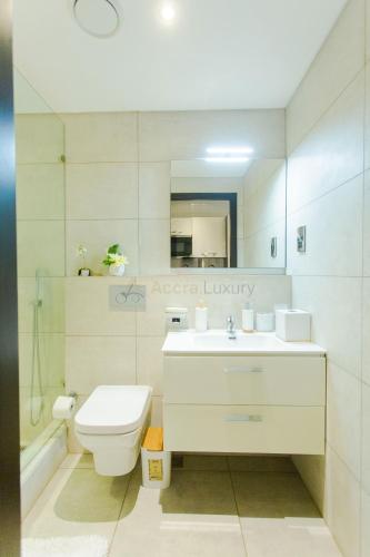 a bathroom with a sink and a toilet and a mirror at Accra Luxury Apartments @ The Signature in Accra