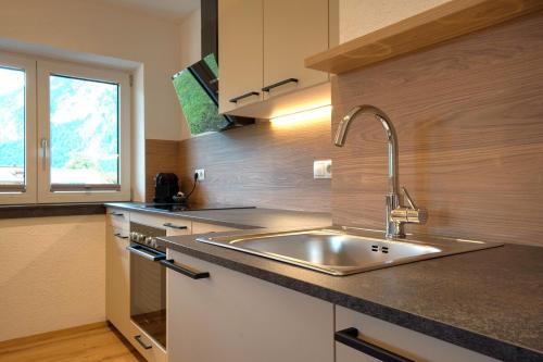 a kitchen with a stainless steel sink and a window at Apartment MarLen in Eben am Achensee
