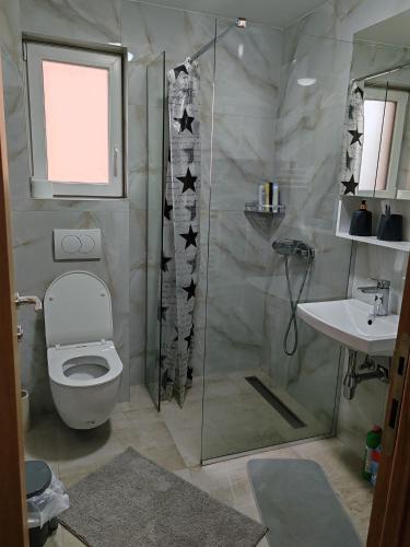 a bathroom with a shower and a toilet and a sink at Apartmani Lucky Place in Vrnjačka Banja