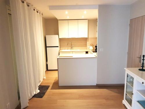 La cuisine blanche est équipée d'un évier et d'un réfrigérateur. dans l'établissement Coudoufamily, à Six-Fours-les-Plages