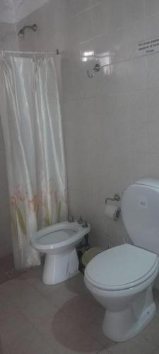 a white bathroom with a toilet and a sink at la flor del lugar in Potrerillos