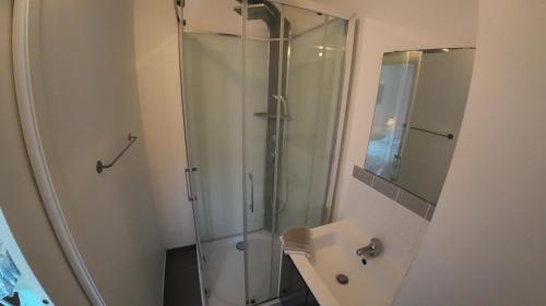 une salle de bain avec une douche en verre et un lavabo dans l'établissement Studio au village à Mastaing, à Mastaing