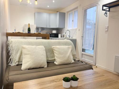 - un salon avec un canapé et deux oreillers dans l'établissement F2 ciel étoilé, au Havre