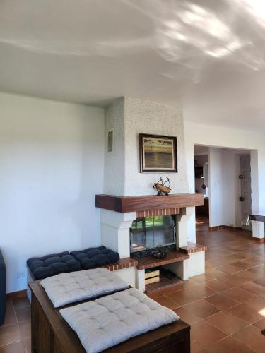 un salon avec une cheminée et un canapé dans l'établissement Gîte La Peyrière - Tarn-et-Garonne - Vue imprenable au calme, à Montpezat-de-Quercy