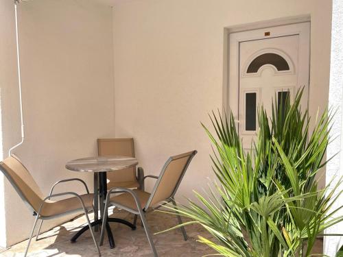 a table and chairs in a room with plants at Apartments Pribilovic in Budva