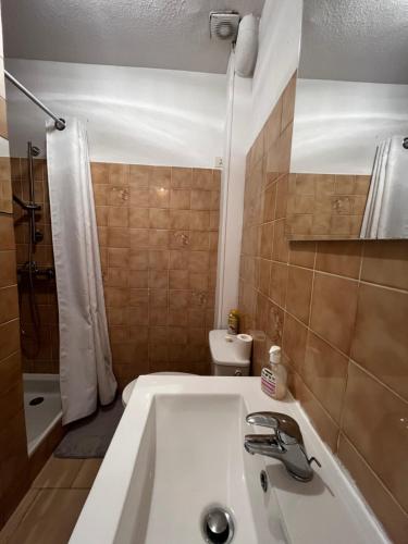 une salle de bain avec un lavabo, une douche et des toilettes dans l'établissement T2 + Cabine à Canet Plage – 4 Couchages, Terrasse, à 100 m de la Mer, à Canet