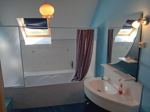 une salle de bain avec une baignoire, un lavabo et un miroir dans l'établissement Maison de charme à la campagne, à Espagnac