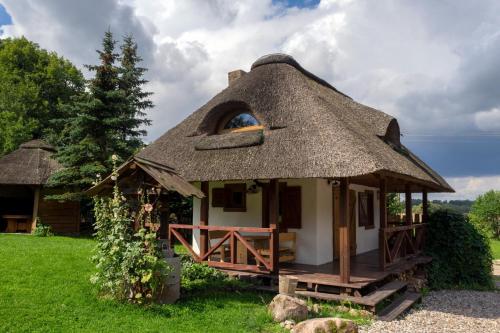 a small house with a thatched roof on a field at Dworek Króla Stanisława - Apartament Malinowy in Węgorzewo