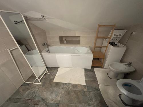 a bathroom with a bath tub and a toilet at LeClub in Târgu-Mureş