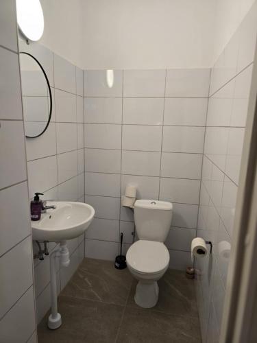 a white bathroom with a toilet and a sink at Stora Ekeberg vandrarhem in Axvall