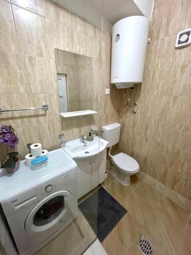 a bathroom with a washing machine and a toilet at Apartments Pribilovic in Budva
