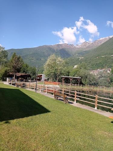 a wooden fence with a bench in the grass at Chalet du soleil in Odecla