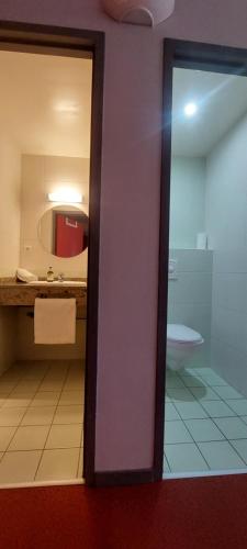 Bilik mandi di Logis Hotel Restaurant Le Cygne