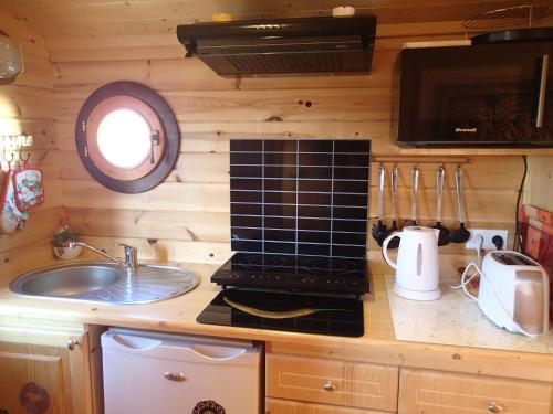 une cuisine avec un évier et une cuisinière four supérieur dans l'établissement Roulotte de charme, à Doucier
