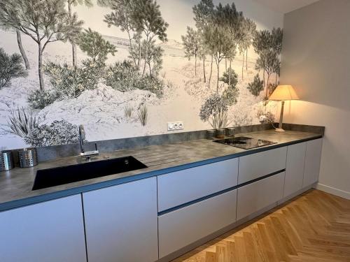 une cuisine avec un évier et un tableau mural. dans l'établissement T3 - standing - spacieux - centre ville, à Vannes