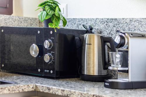 a black microwave on a kitchen counter with a plant at Oasi del Ticino in Magliaso