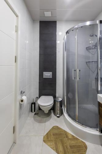 a bathroom with a toilet and a shower at Magnificent Diamond Duplex in Tbilisi City