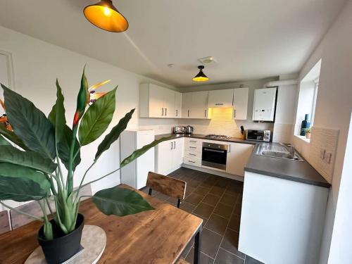a kitchen with a wooden table and a potted plant at Beck House by Blue Skies Stays in Middlesbrough