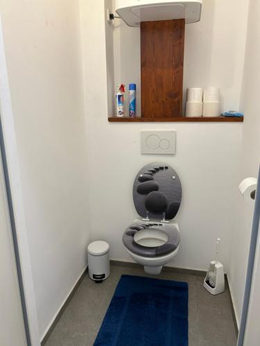 a small bathroom with a toilet with a black lid at Miniferienwohnung für unkompliziertes Naturliebhaberpärchen in Payerbach