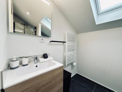 une salle de bains avec un lavabo blanc et un miroir dans l'établissement 2 Clairmarais T2 en duplex proche gare centre, à Reims