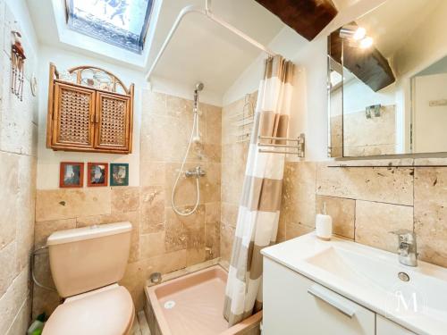 une salle de bain avec toilettes, lavabo et douche dans l'établissement Maisonnette au calme avec jardin cosy à Sanary, à Sanary-sur-Mer