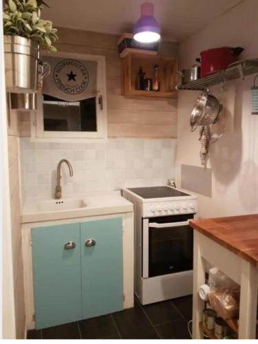 une petite cuisine avec un évier et une cuisinière dans l'établissement Les Lauriers Roses, à Noirmoutier-en-l'lle