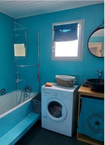 La salle de bains bleue est pourvue d'un lave-linge et d'un lavabo. dans l'établissement Les Lauriers Roses, à Noirmoutier-en-l'lle
