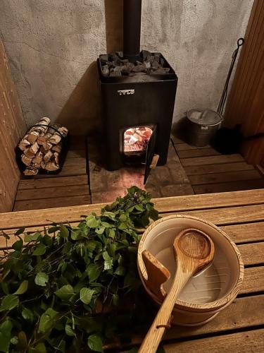a wooden spoon and a plant next to a stove at Trehornahult Lillstugan in Burseryd