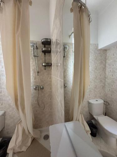une salle de bain avec douche et toilettes avec rideaux dans l'établissement Studio Au coeur de Nice, à Nice