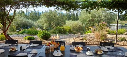 een tafel met een blauw tafelkleed op een tafel met een tuin bij Mas du Sabartes chambres d'hôtes in Trouillas