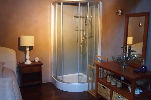 une salle de bain avec une douche avec une porte vitrée dans l'établissement Gîte rurale, très beau pigeonnier avec vue, à La Celle-sous-Gouzon