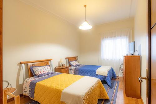 a bedroom with two beds and a television in it at Quinta dos Arcos in Barcelos
