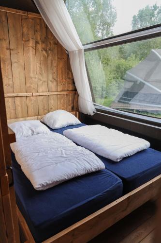 two beds in a room with a window at Big Oak in Hoogersmilde