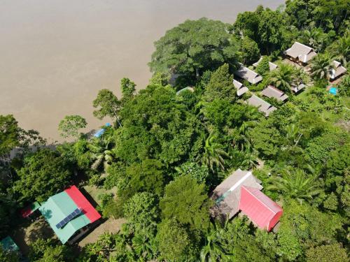 an overhead view of houses in trees next to a river at Ecolucerna Lodge Tambopata in Puerto Maldonado