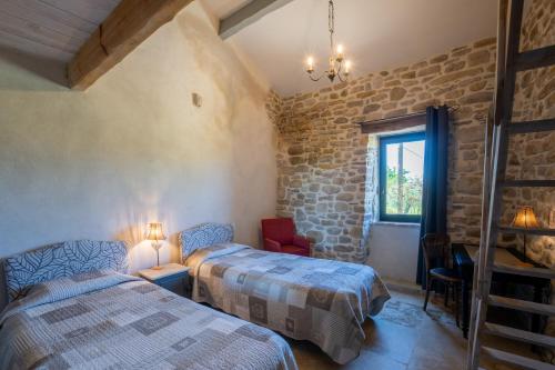 a bedroom with two beds and a window at Gite Figuier et Vignes in Saint-Sauveur-de-Cruzières