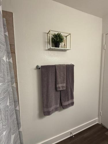 two towels hanging on a wall in a bathroom at Hollywood Blvd Studio FREE DESIGNATED PARKING & WIFI in Los Angeles