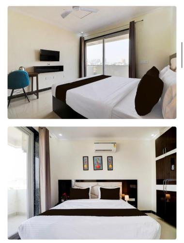 two pictures of a hotel room with two beds at Hotel Sky in Gurgaon