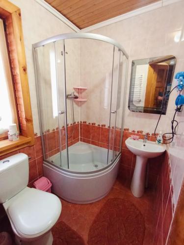 a bathroom with a shower and a toilet and a sink at Котедж in Yaremche