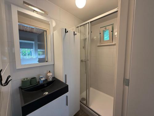 a bathroom with a sink and a shower at Het plekje dat niemand wist in Ederveen