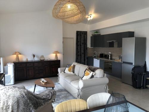 un salon avec un canapé et une cuisine dans l'établissement Appartement T3 65 m2 2 chambres terrasse, à Aix-les-Bains