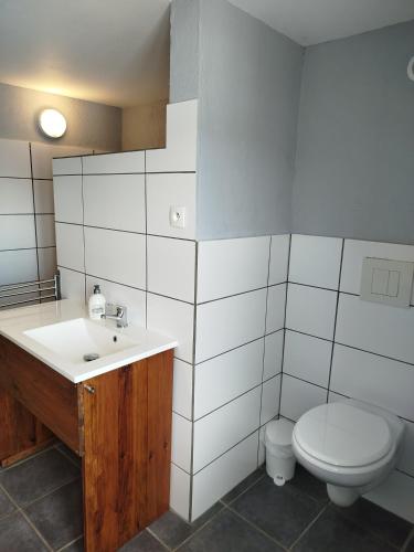 une salle de bain blanche avec des toilettes et un lavabo dans l'établissement Appartement chez l'habitant, à Granges-Aumontzey